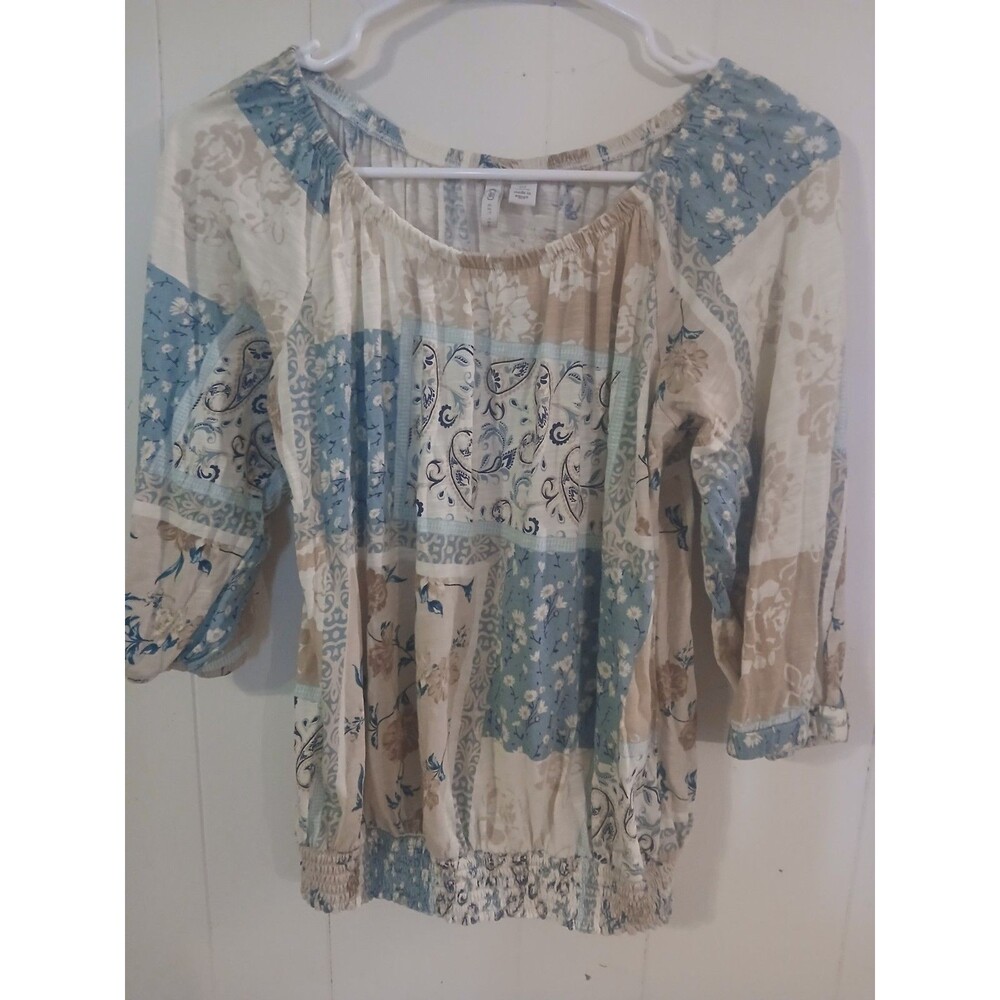 Cato Top Womens Medium Floral Patchwork 3/4 Sleeve  Smocked Peasant Blouse